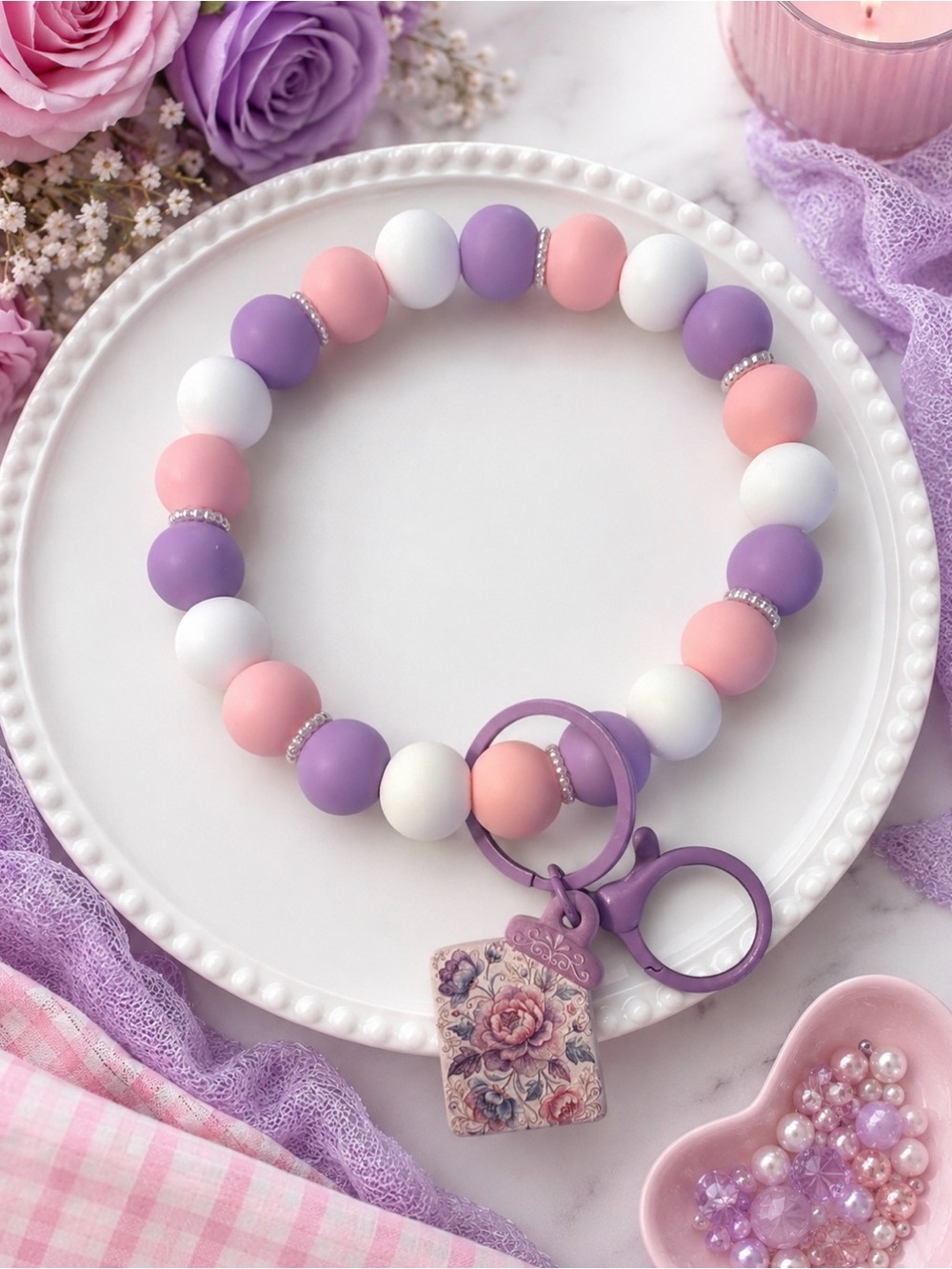 Hand Crafted Pink Purple White Beaded Wristlet Keychain with Floral Tag